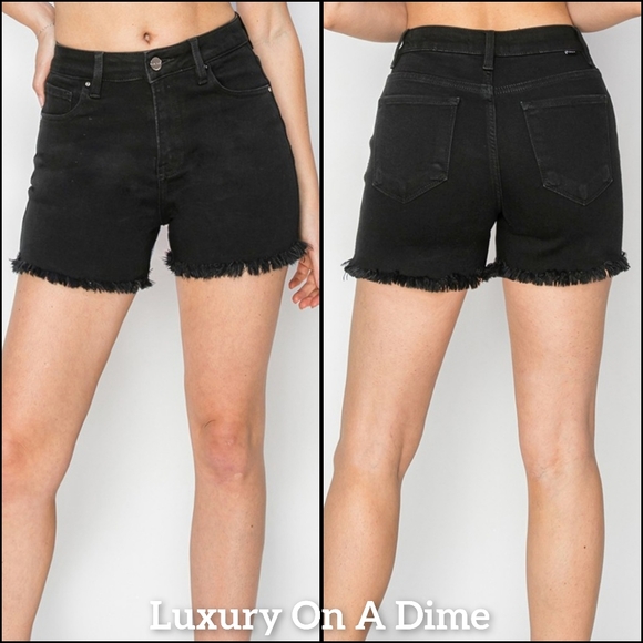 RISEN Black Cut-off Frayed High Rise Distressed Denim Mid-length Jean Shorts - Picture 13 of 16